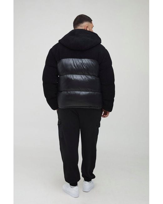 Plus Borg And High Shine Regular Fit Hooded Puffer In Black Boohoo
