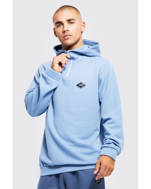 BoohooMAN Heavyweight Waffle Zip Funnel Badge Hoodie in Blue for Men Lyst