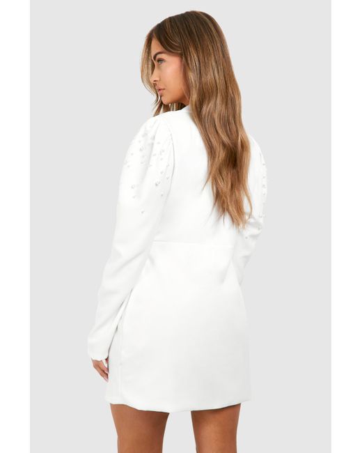 Boohoo White Pearl Detail Puff Sleeve Tailored Blazer Dress