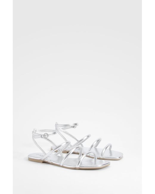 Boohoo White Wide Fit Metallic Triple Strap Flat Sandals