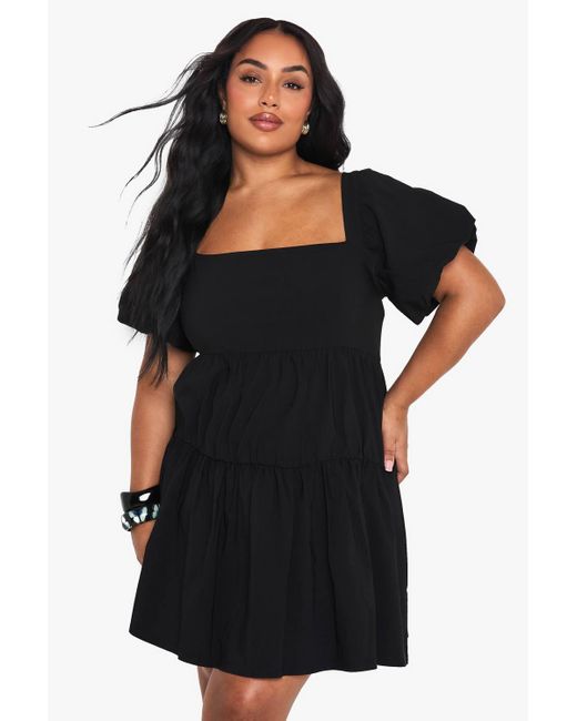 Boohoo Black Plus Extreme Puff Sleeve Tiered Smock Dress
