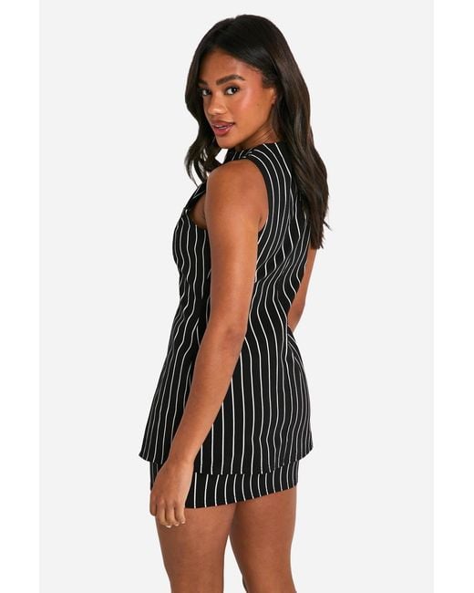 Boohoo Black Super Stretch Pinstripe Longerline Waistcoat & Micro Mini Skirt