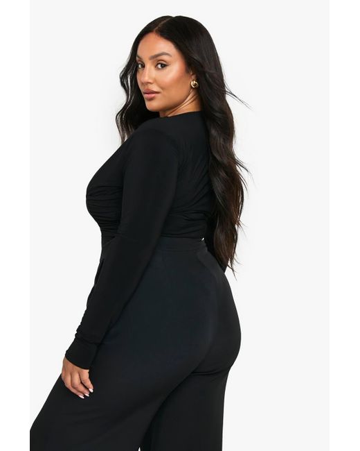 Boohoo Black Plus Ruched Plunge One Piece