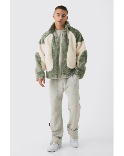 BoohooMAN Colorblock Borg-Jacke in Salbeifarben in Green für Herren