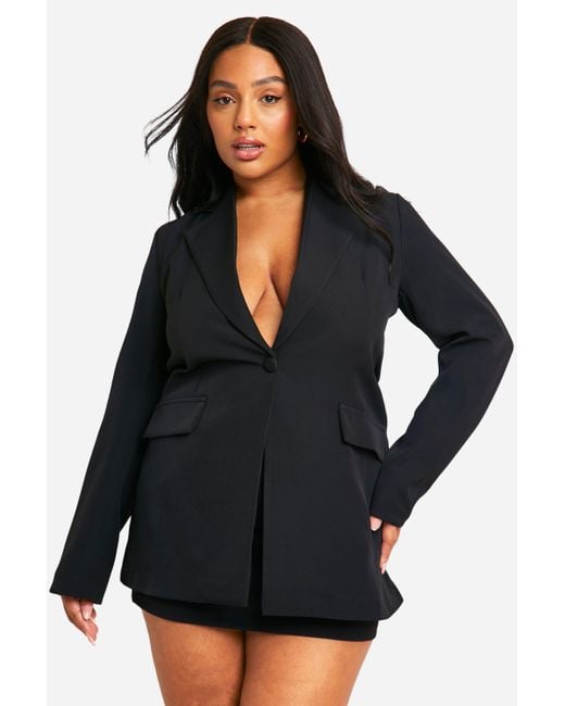 Boohoo Black Plus Plunge Front Single Button Fitted Blazer