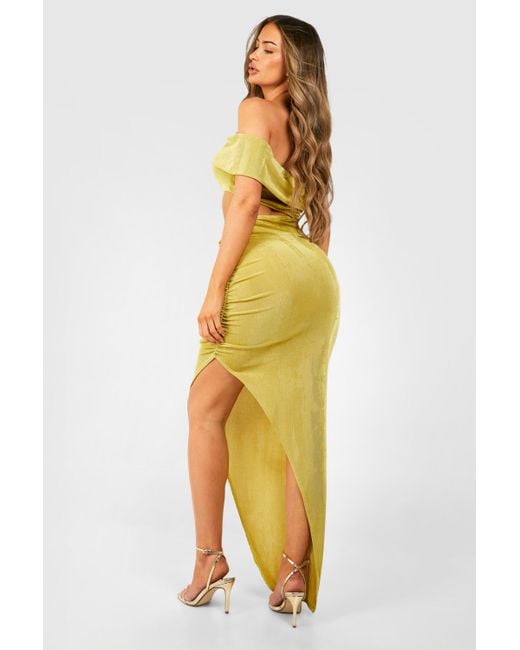 Boohoo Yellow Bardot Cut Out Ruched Acetate Slinky Split Leg Maxi Dress