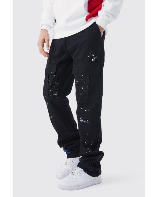 BoohooMAN Black Slim Stacked Zip Flare Paint Splatter Cargo Trouser for men