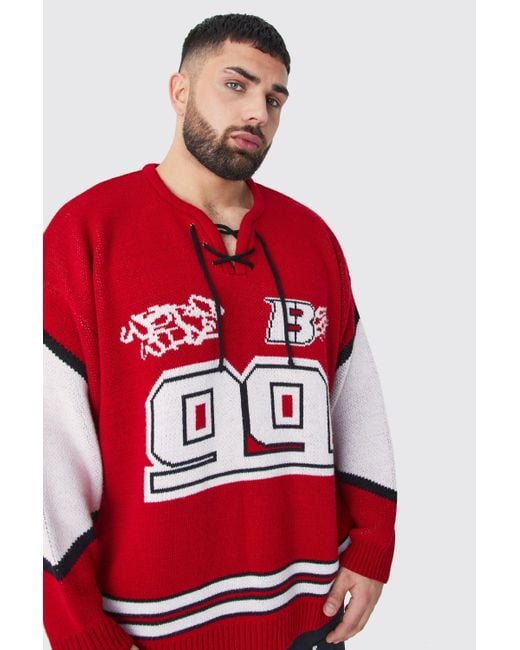 BoohooMAN Red Plus Oversized Lace Up Hockey Jumper for men
