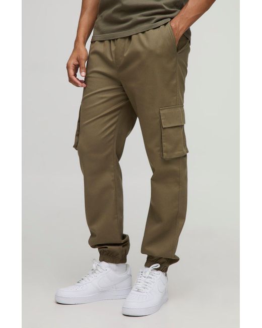 BoohooMAN Green Slim Fit Elasticated Waist Cuffed Cargo Pants for men