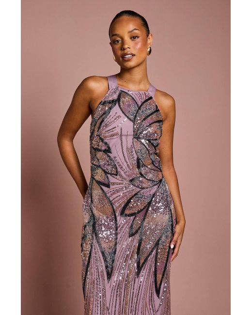 Coast Purple Petite High Neck Beaded Column Midi Dress