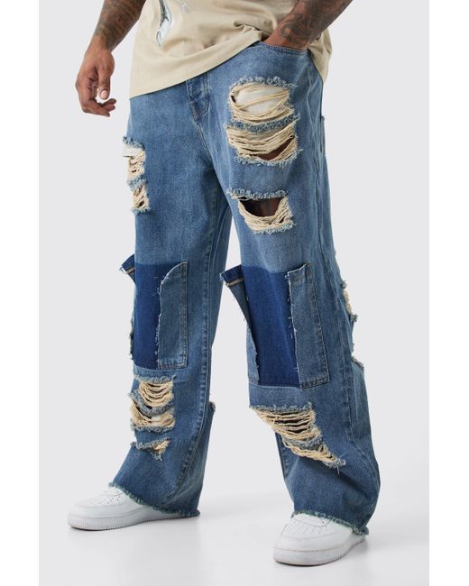 BoohooMAN Blue Plus Relaxed Rigid Distressed Jeans for men