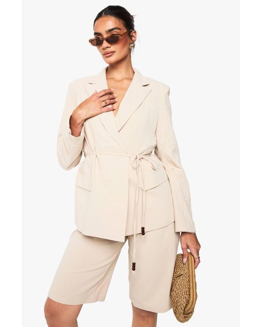 Boohoo Natural Linen Wrap Over Beaded Tie Detail Blazer