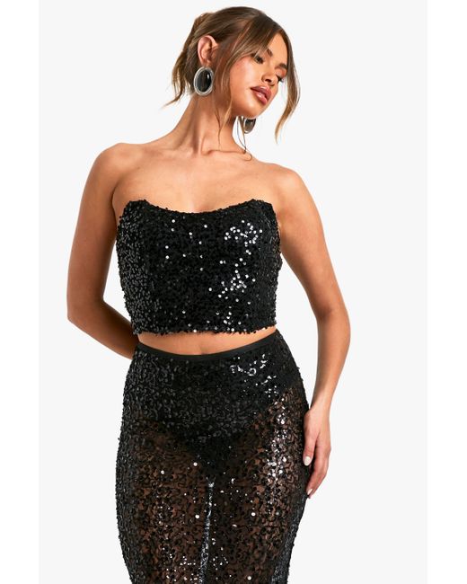 Boohoo Black Sequin Strapless Longline Corset