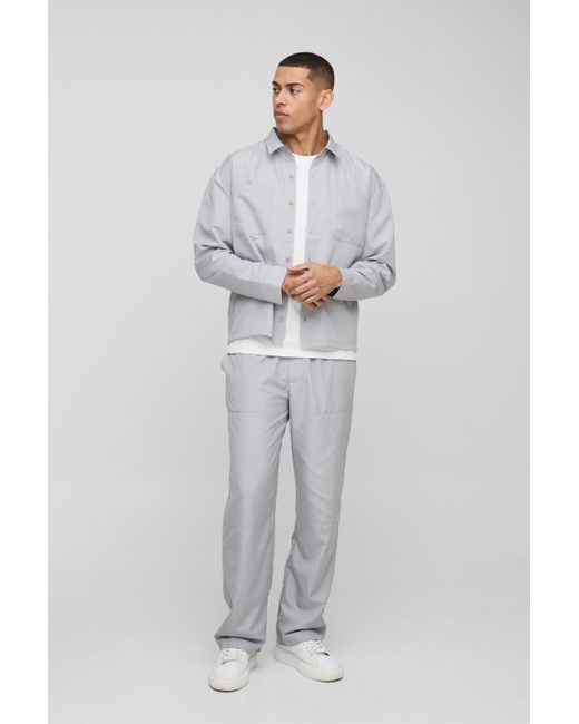 BoohooMAN Gray Oversized Ripstop Shirt Jacket & Relaxed Pants Set for men