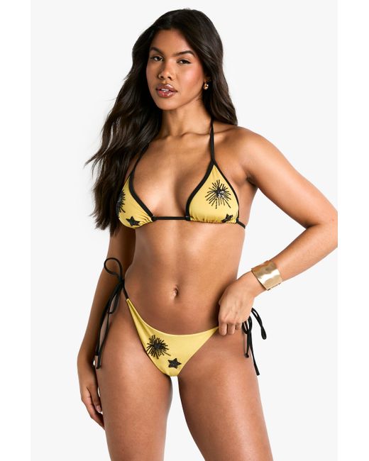 Boohoo Yellow Bead Trim Embellished Triangle Bikini Top & Tie Side Bikini Bottoms Set