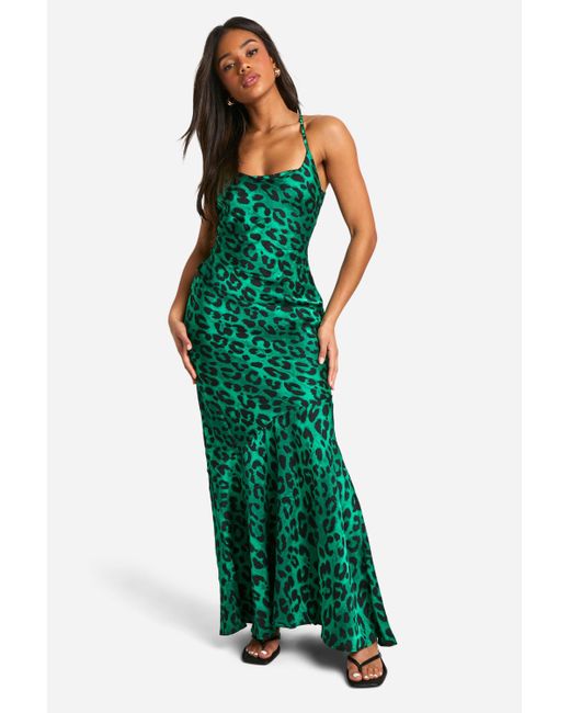 Boohoo Green Leopard Print Tie Back Ruffle Hem Maxi Dress