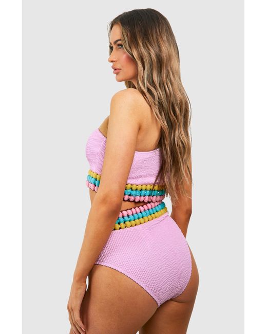 Boohoo Pink Pom Pom Tape Crinkle One Shoulder Bikini Set