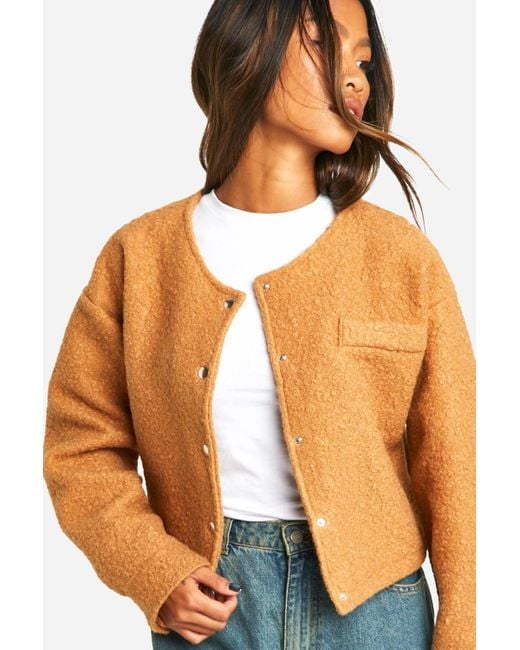 Boohoo Orange Cropped Textured Wool-Look Bomber Jacket