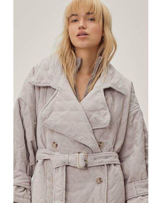 Nasty Gal Gray Quilted Cord Oversized Belted Mac