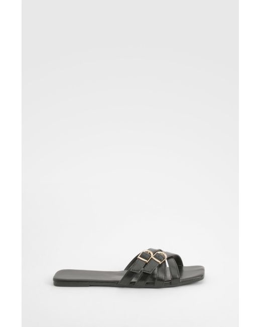 Boohoo White Square Toe Double Buckle Mule Sandals