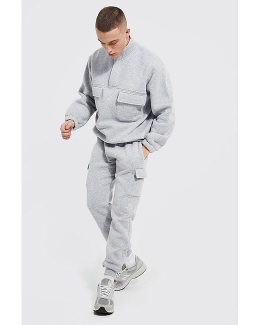 BoohooMAN Oversized Half Zip Cargo Funnel Tracksuit in Grey (Gray) for