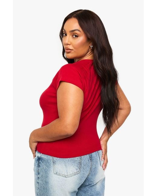 Boohoo Red Plus Button Down Cap Sleeve Top