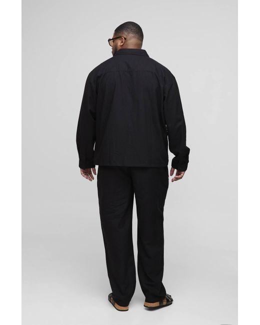 Boohoo Blue Plus Long Sleeve Linen Look Cargo Pocket Oversized Overshirt