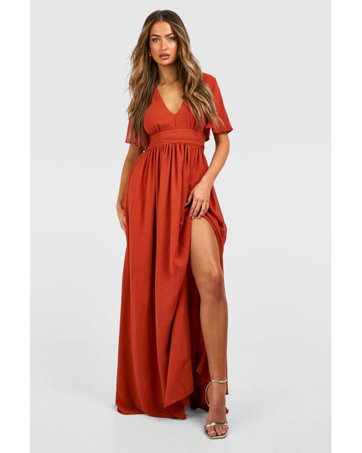 Chiffon Plunge Rouched Maxi Dress Boohoo de color Red