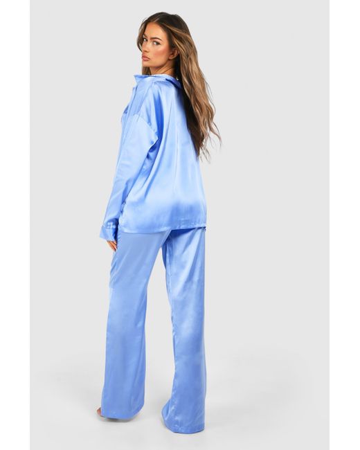 Boohoo Blue Satin 3 Piece Trouser Pyjama Set