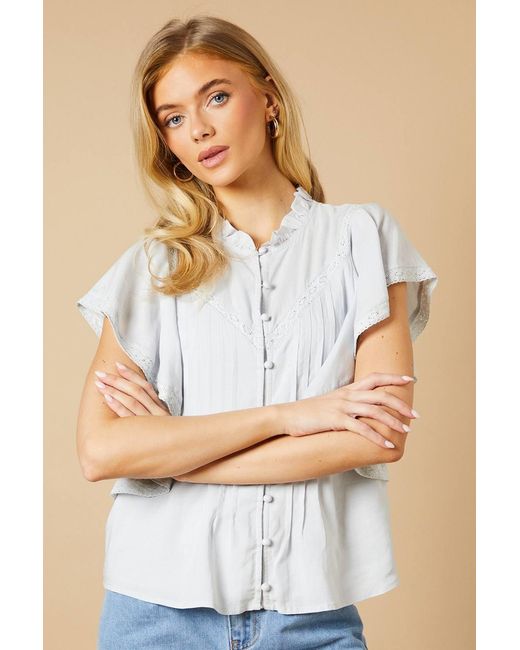 Oasis Blue High Neck Button Through Lace Insert Blouse