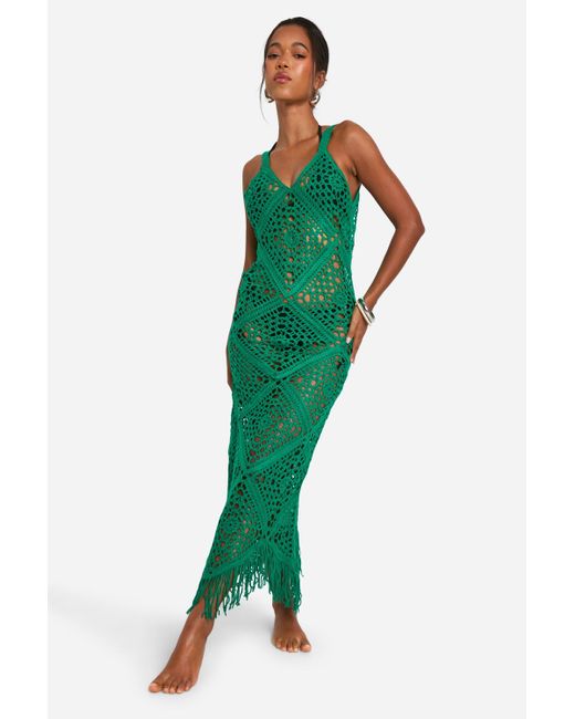 Boohoo Green Crochet Strappy Beach Maxi Dress