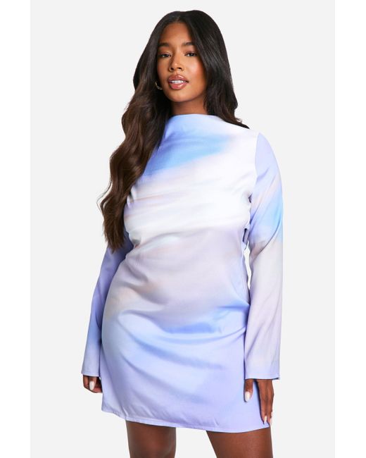 Boohoo White Plus Premium Satin Blurred Print Cowl Back Mini Dress