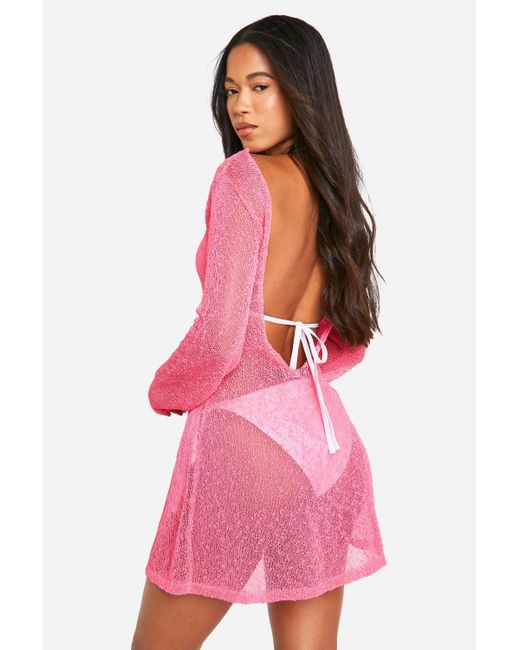 Popcorn Crochet Open Back Beach Mini Dress Boohoo de color Pink