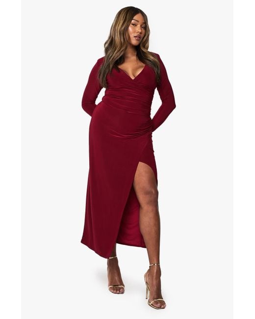 Boohoo Women's Red Plus Ruched Wrap Maxi Dress
