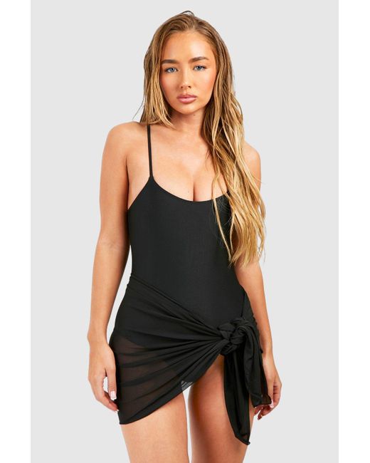 Boohoo Black 2 Piece Set Strappy Bathing Suit & Tie Knot Sarong
