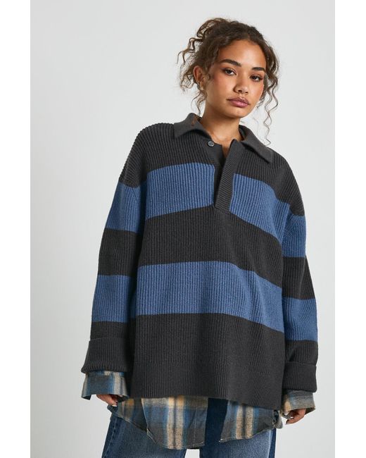 Boohoo Blue Chunky Knit Oversized Collared Button Down Sweater