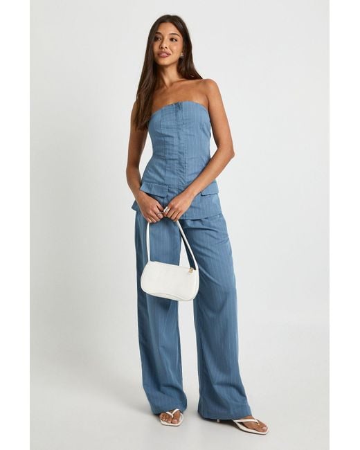 Boohoo Blue Pinstripe Bandeau & Wide Leg Trouser Co-Ord
