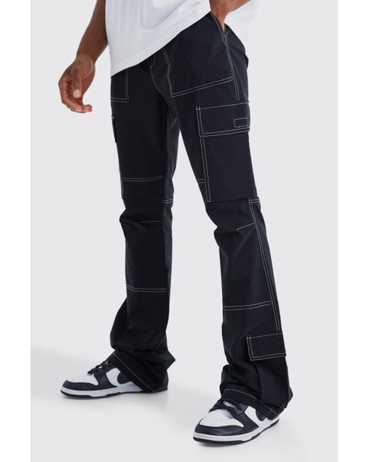 BoohooMAN Black Elasticated Waist Slim Flare Contrast Stitch Cargo Trouser for men