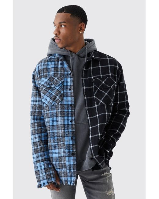 BoohooMAN Blue Middle Spliced Checked Shirt for men