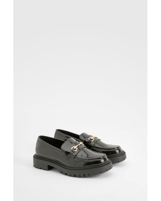 Boohoo Gray T Bar Patent Chunky Loafers