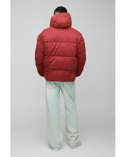 BoohooMAN Red Tall Oversized Funnel Neck Hooded Puffer Jacket for men