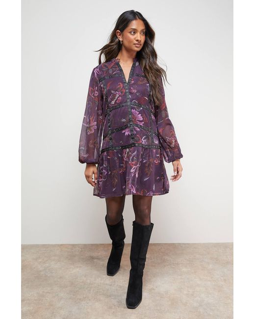 Oasis Purple Printed Embellished Trim Detail Chiffon Mini Dress