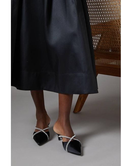 Coast Black Shona Satin Diamante Cross Strap Kitten Heel Mules