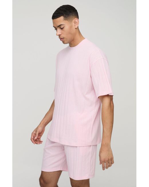 Conjunto Oversize De Pantalón Corto Y Camiseta De Canalé Suave Boohoo de color Pink