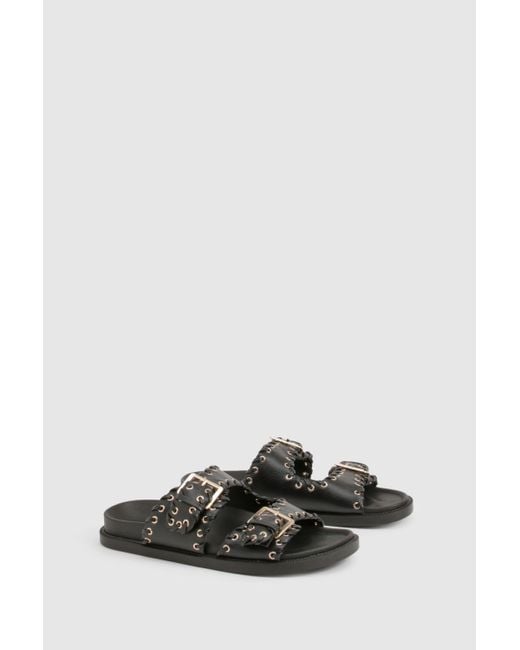 Boohoo Natural Wide Fit Whipstitch Detail Double Strap Footbed Slider