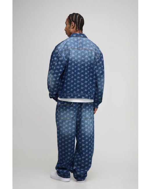 BoohooMAN Blue Oversized Boxy Monogram Washed Jean Jacket for men