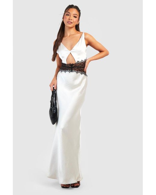 Boohoo White Satin Panelled Lace Maxi Slip Dress