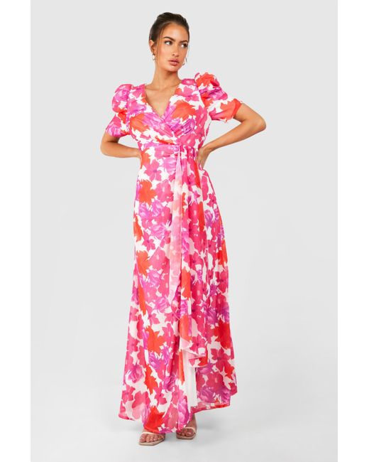 Boohoo Pink Floral Print Wrap Maxi Dress