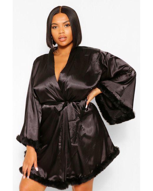 Boohoo Short Kimono Robe With Fluffy Sleeve in Black - Lyst