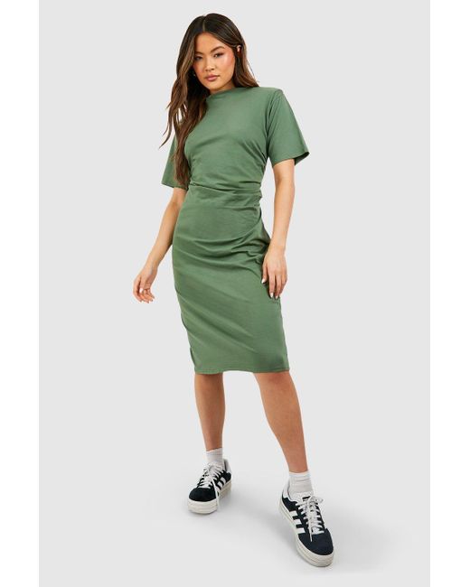 Boohoo Green Wrap Ruching Cotton Midi Shoulder Pad T-shirt Dress